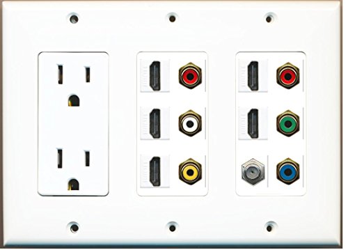 RiteAV (3 Gang) 15 Amp Outlet 5 HDMI Coax Composite RGB Video RCA White Yellow Wall Plate