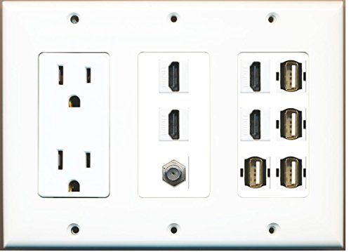 RiteAV - (3 Gang) 15 Amp 125V Power Outlet 4 HDMI Coax 4 USB A-A Wall Plate White