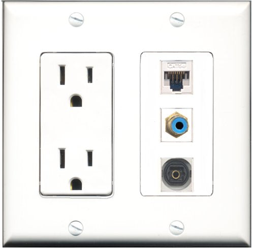 RiteAV - 15 Amp Power Outlet 1 Port RCA Blue 1 Port Toslink 1 Port Cat5e Ethernet White Decorative Wall Plate