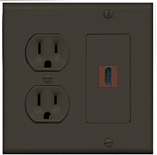 RiteAV (2 Gang Decorative) 15 Amp Round Power Outlet HDMI TV Wall Plate - Brown