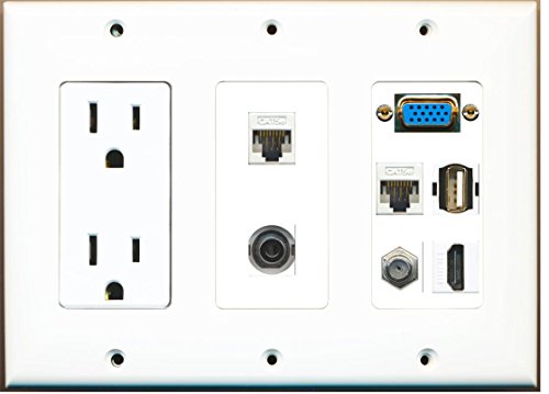 RiteAV - (3 Gang) 15A Power Outlet Svga HDMI Coax 2 Cat5e White 3.5mm USB A Wall Plate