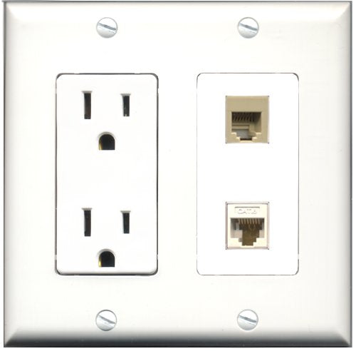 RiteAV - 15 Amp Power Outlet and 1 Port Phone RJ11 RJ12 Beige and 1 Port Cat6 Ethernet White Decorative Type Wall Plate White