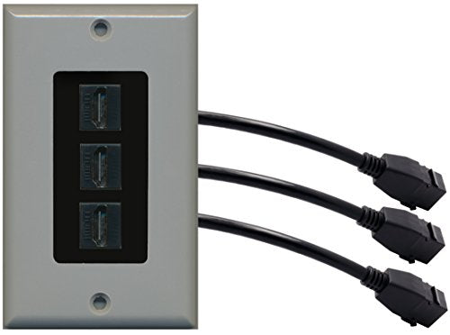 RiteAV (1 Gang Decorative) 3 HDMI Black Wall Plate w/ Pigtail Extension Cable Gray (Black Insert)