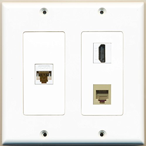 RiteAV - 1 Port HDMI 1 Port Phone RJ11 RJ12 Beige 1 Port Cat6 Ethernet White - 2 Gang Wall Plate