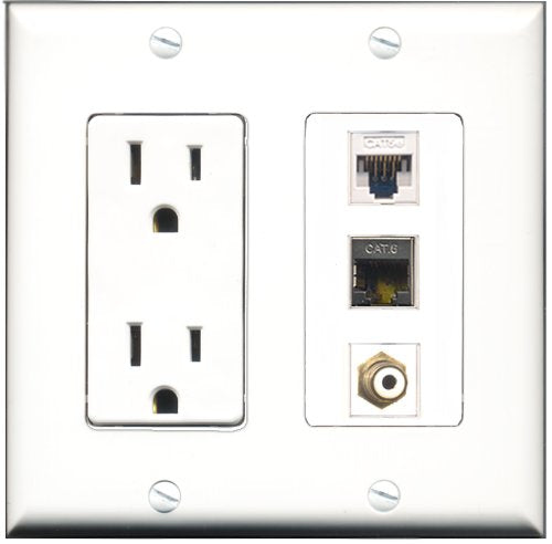 RiteAV - 15 Amp Power Outlet 1 Port RCA White 1 Port Shielded Cat6 Ethernet Ethernet 1 Port Cat5e Ethernet White Decorative Wall Plate