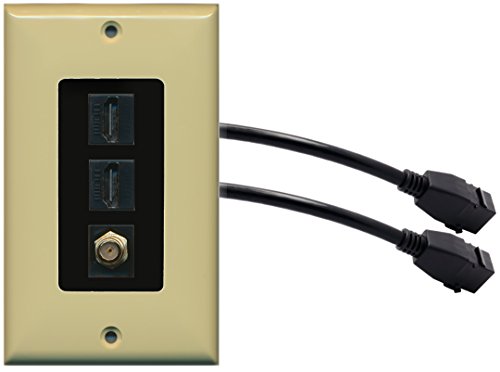 RiteAV (1 Gang Decorative) 2 HDMI Black Coax Wall Plate w/ Pigtail Extension Cable Ivory (Black Insert)