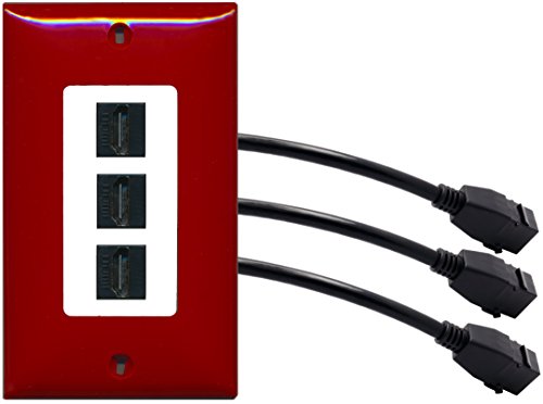 RiteAV (1 Gang Decorative) 3 HDMI Black Wall Plate w/ Pigtail Extension Cable Red on White