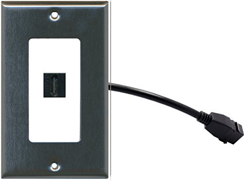 RiteAV (1 Gang Decorative) HDMI Wall Plate w/ Pigtail Extension Cable Stainless Steel on White