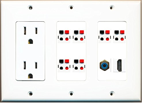 RiteAV - (3 Gang) 15A Power Outlet HDMI RCA Blue 6 Speaker Jack Wall Plate White