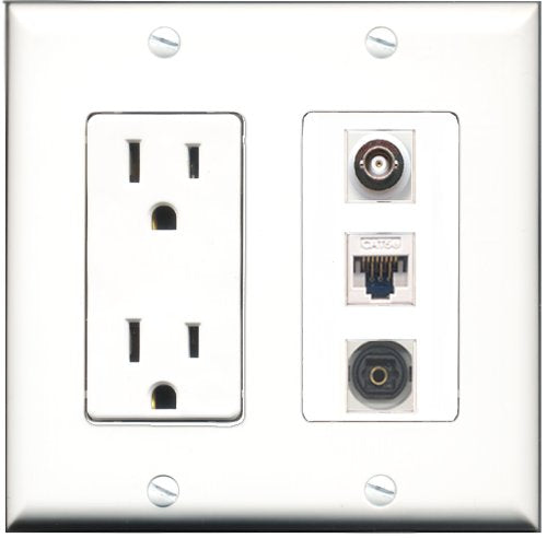 RiteAV - 15 Amp Power Outlet 1 Port Toslink 1 Port BNC 1 Port Cat5e Ethernet White Decorative Wall Plate