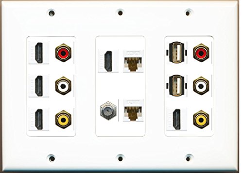 RiteAV (3 Gang) 5 HDMI Coax 2 Cat6 2 Composite Red-White-Yellow 2 USB Wall Plate