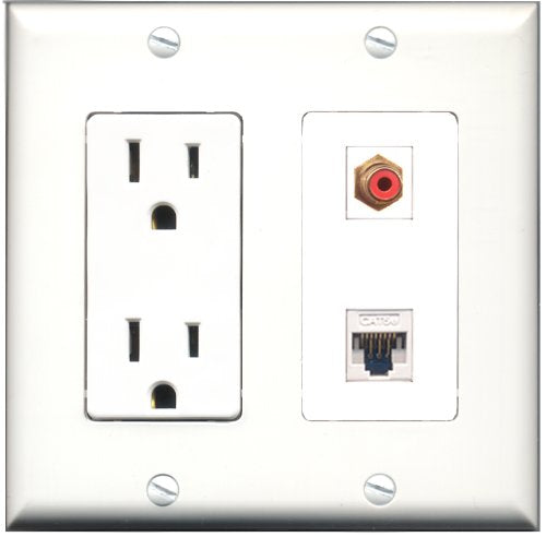 RiteAV - 15 Amp Power Outlet and 1 Port RCA Red and 1 Port Cat5e Ethernet White Decorative Type Wall Plate White