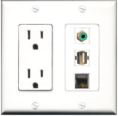 RiteAV - 15 Amp Power Outlet 1 Port RCA Green 1 Port USB A-A 1 Port Shielded Cat6 Ethernet Ethernet Decorative Wall Plate