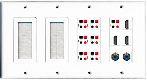 RiteAV (4 Gang) 2 Mesh-Brush 3 HDMI 2 RCA Blue 7 Speaker Jack Wall Plate White