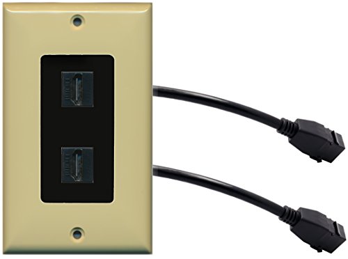 RiteAV (1 Gang Decorative) 2 HDMI Black Wall Plate w/ Pigtail Extension Cable Ivory (Black Insert)