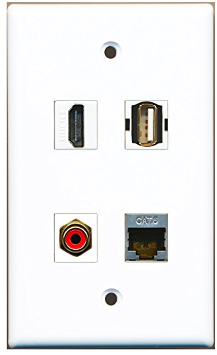 RiteAV - 1 Port HDMI 1 Port RCA Red 1 Port USB A-A 1 Port Shielded Cat6 Ethernet Wall Plate