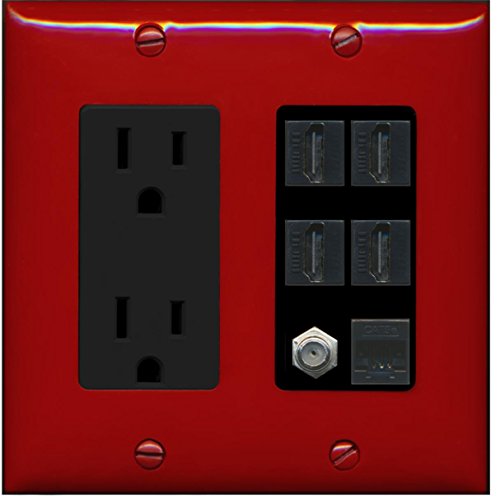 RiteAV 15A Power Outlet, 4 HDMI, 1 Cat5e Ethernet, 1 Coax Cable TV Wall Plate - Red/Black