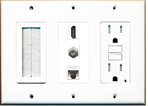 RiteAV - (3 Gang) 15A GFCI Outlet Mesh-Brush HDMI Coax Cat5e White Wall Plate White