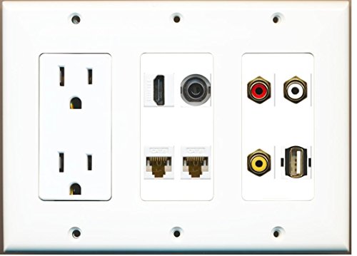 RiteAV - (3 Gang) 15A Power Outlet HDMI 2 Cat6 Composite Video 3.5mm USB Wall Plate