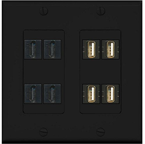 RiteAV - (2 Gang Decorative) 4 USB A-A (Black) 4 HDMI Black Wall Plate Black