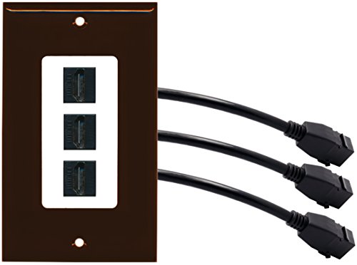 RiteAV (1 Gang Decorative) 3 HDMI Black Wall Plate w/ Pigtail Extension Cable Brown on White