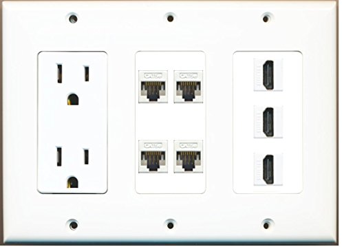 RiteAV - (3 Gang) 15A Power Outlet 3 HDMI 4 Cat5e White Wall Plate White