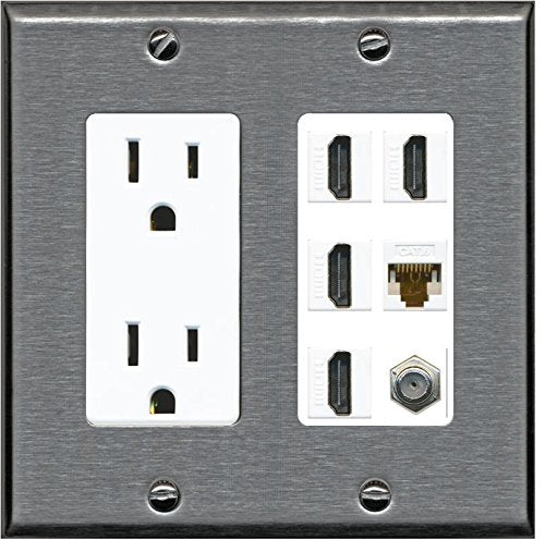 RiteAV - (2 Gang Decorative) 15A Outlet 4 HDMI Coax Cat6 Wall Plate Stainless Steel White