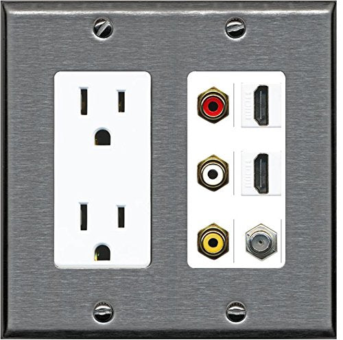 RiteAV - (2 Gang Decorative) 15A Outlet 2 HDMI Coax Composite Wall Plate Stainless Steel