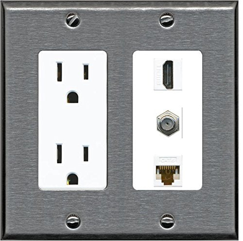 RiteAV - (2 Gang Decorative) 15A Outlet HDMI Coax Cat6 Wall Plate Stainless Steel White